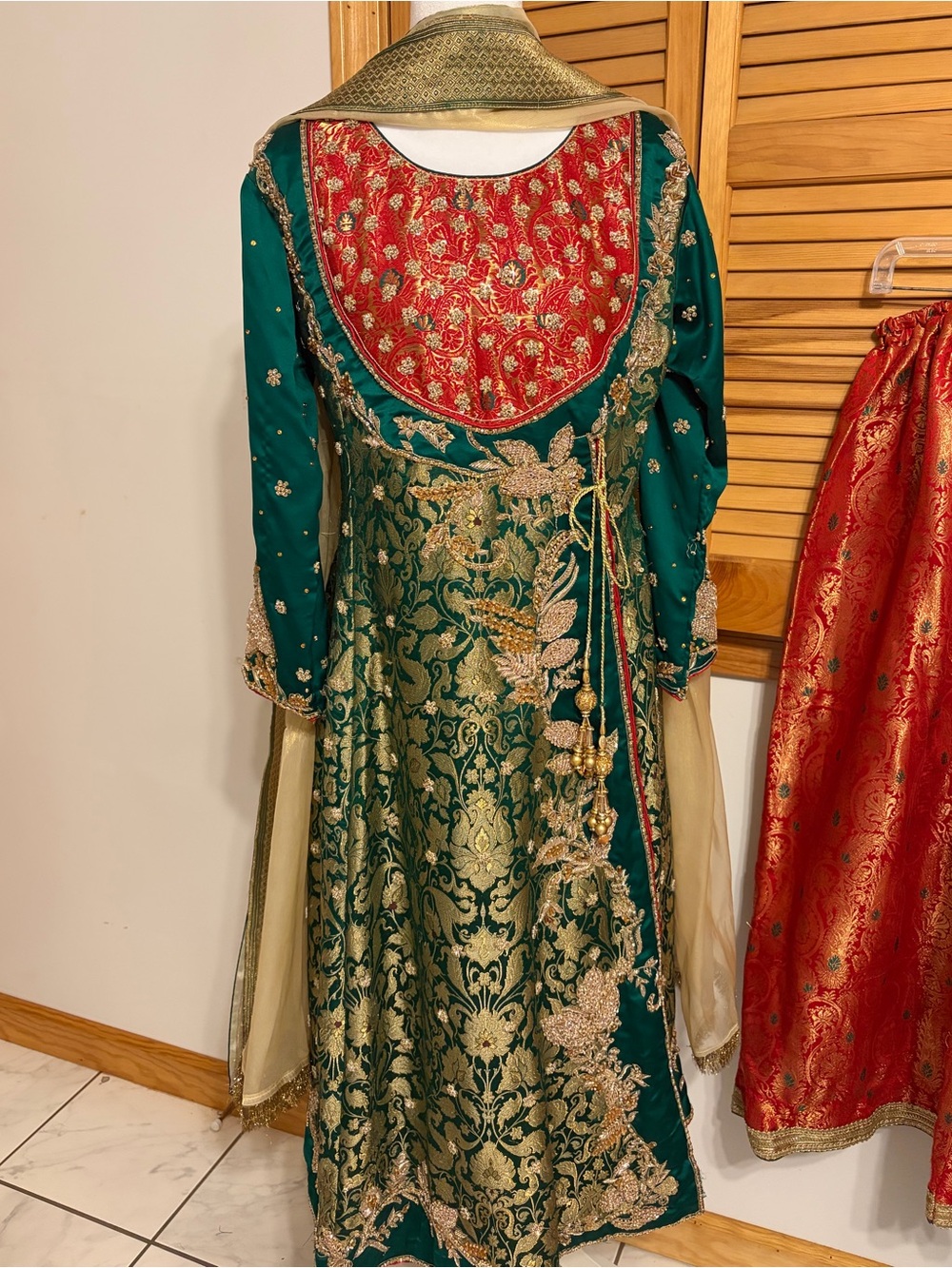 Embroidered Green & Red Women's Formal Dress with Gold Dupatta (3-piece dress)